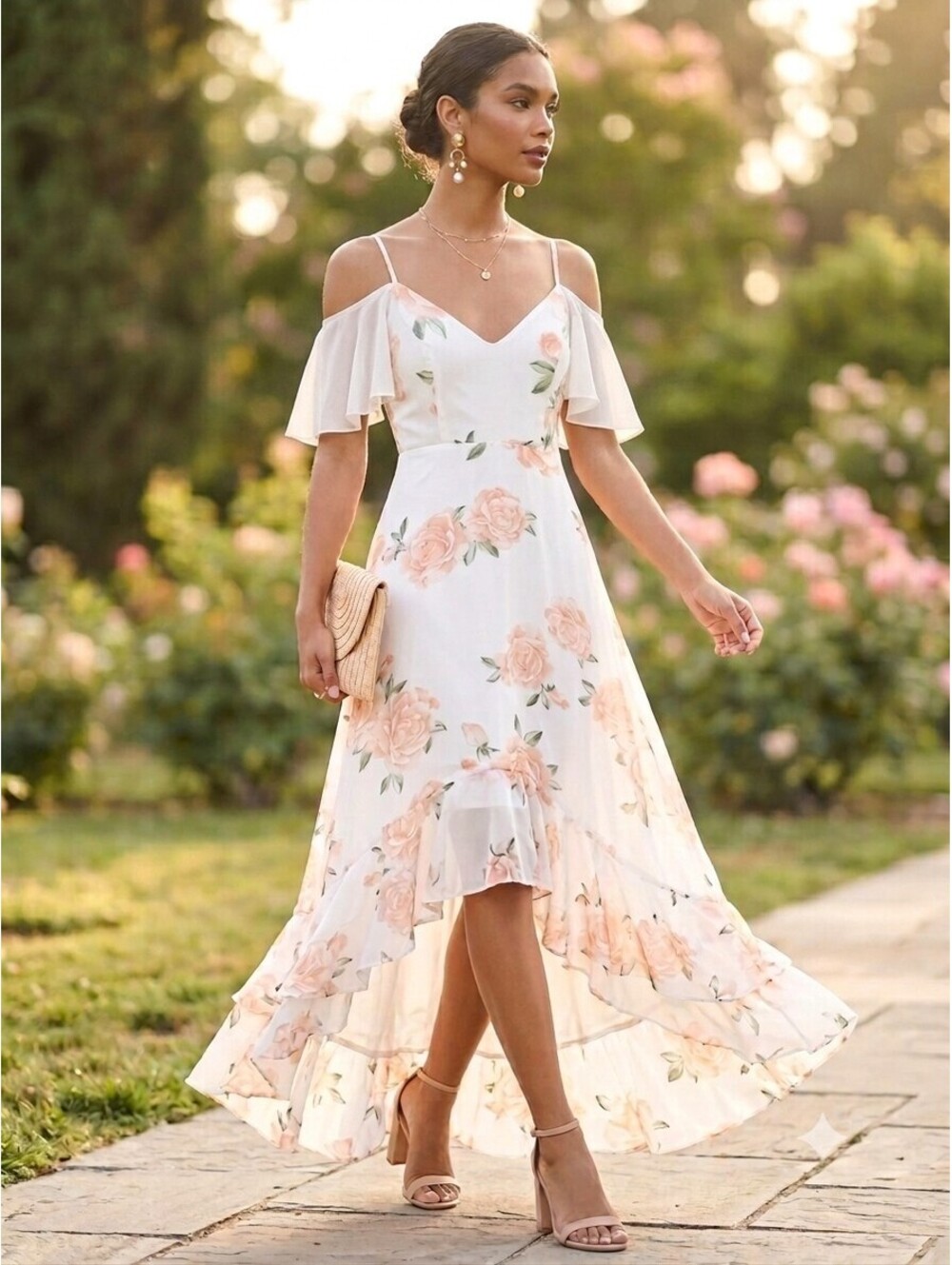 NEW Lulus Chiffon Maxi High-Low Floral Dress Peach White size S NWT Garden Party